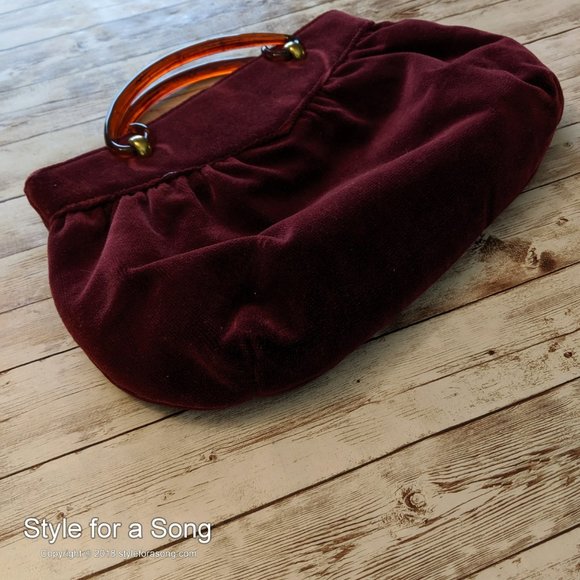 Vintage Burgundy Velvet Tortoise Handle Handbag - Picture 7 of 12